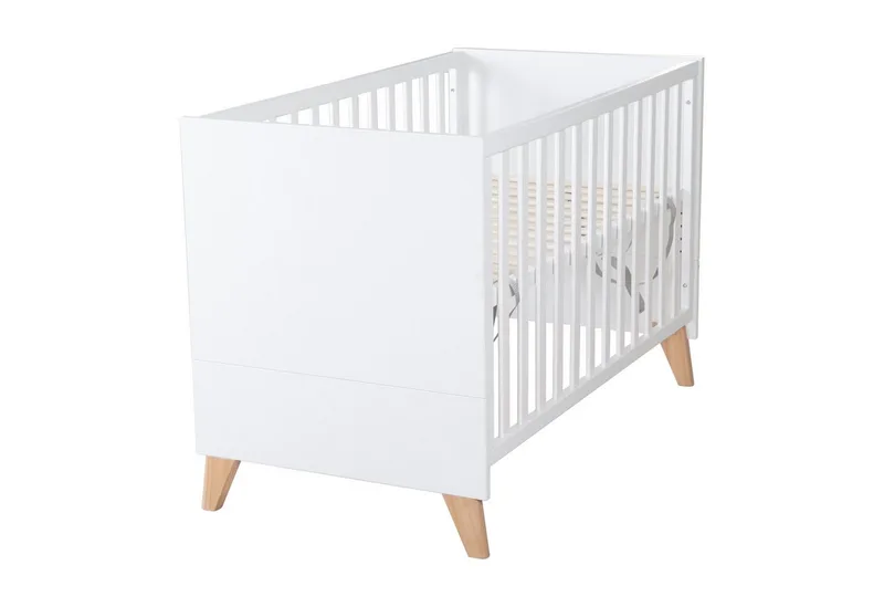 Babybett Leon 60 x 120 cm aus stabilem Holz - Othello Eiche - Gitterbett, Beistellbett - 6-fach höhenverstellbar, Schlupfsprossen - Baby Bett van roba in Weiß – productfoto