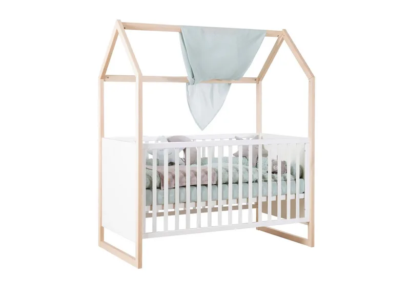 Babybett Noah 70 x 140 cm - modernes Gitterbett aus zweifarbigem Holz, Hausbett - Schlupfsprossen - höhenverstellbar - mitwachsend by roba in White – product photo
