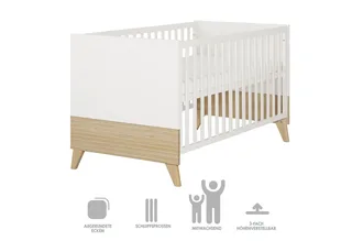 Babybett Theo 70 x 140 cm - modernes Gitterbett - Fräsungen - Holz, umbaubar, 3 Schlupfsprossen, 3-fach höhenverstellbar - Ulme von roba in Weiß – Produktfoto 4 von 5