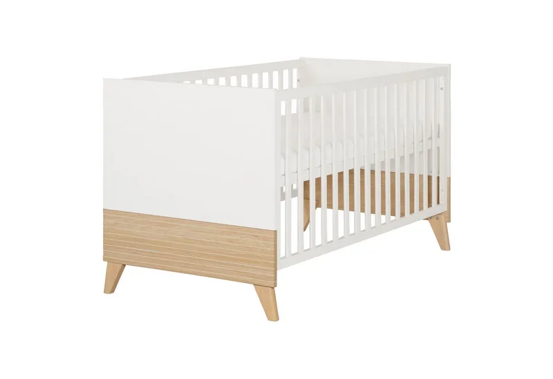 Babybett Theo 70 x 140 cm - modernes Gitterbett - Fräsungen - Holz, umbaubar, 3 Schlupfsprossen, 3-fach höhenverstellbar - Ulme van roba in Weiß – productfoto