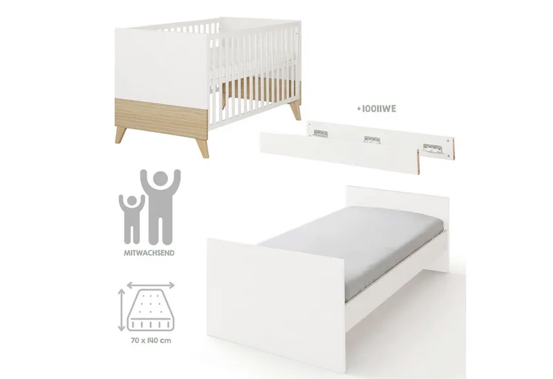 Babybett Theo 70 x 140 cm - modernes Gitterbett - Fräsungen - Holz, umbaubar, 3 Schlupfsprossen, 3-fach höhenverstellbar - Ulme von roba in Weiß – Produktfoto 5 von 5