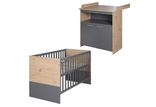 Babymöbel-Set Anna - aus Holz - in Anthrazit mit Dekor Kent Eiche - moderne Optik, (2-teilig), Baby- & Beistellbett 60x120 cm & Wickelkommode - Anthrazit /Holzdekor von roba in Grau – Produktfoto 2 von 5