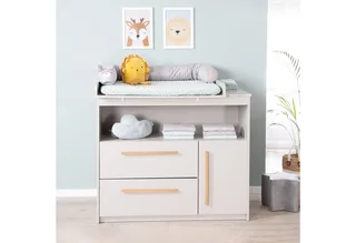 Babymöbel-Set Lea - modernes schlichtes Babyzimmer Set aus Holz, (2-teiliges Set, Wickelkommode & Babybett 70 x 140 cm höhenverstellbar, Schlupfsprossen), Modernes Kinderzimmer mit Griffen aus Massivholz- Beige by roba in Grey – product photo 2 of 5