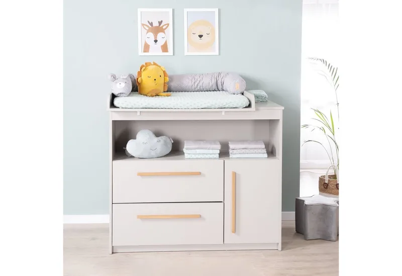 Babymöbel-Set Lea - modernes schlichtes Babyzimmer Set aus Holz, (2-teiliges Set, Wickelkommode & Babybett 70 x 140 cm höhenverstellbar, Schlupfsprossen), Modernes Kinderzimmer mit Griffen aus Massivholz- Beige by roba in Grey – product photo 2 of 5