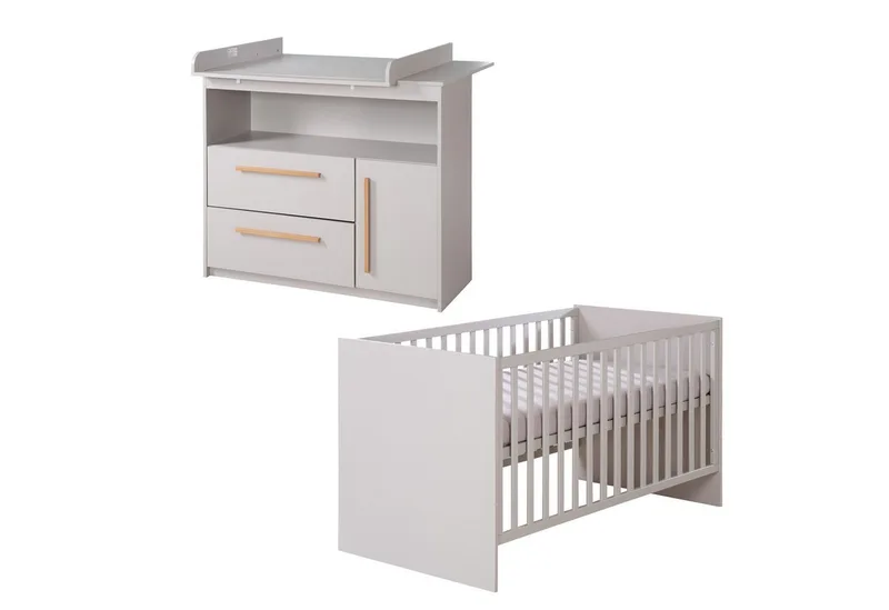 Babymöbel-Set Lea - modernes schlichtes Babyzimmer Set aus Holz, (2-teiliges Set, Wickelkommode & Babybett 70 x 140 cm höhenverstellbar, Schlupfsprossen), Modernes Kinderzimmer mit Griffen aus Massivholz- Beige fra roba i Grau – produktbillede