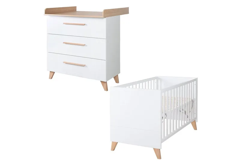 Babymöbel-Set Leon - aus Holz - in mit Dekor Othello Eiche, (2-teiliges Set, 2-tlg., Kinder- & Beistellbett 60 x 120 cm & Wickelkommode), Babybett als Beistellbett verwendbar - 6-fach höhenverstellbar von roba in Weiß – Produktfoto 2 von 3