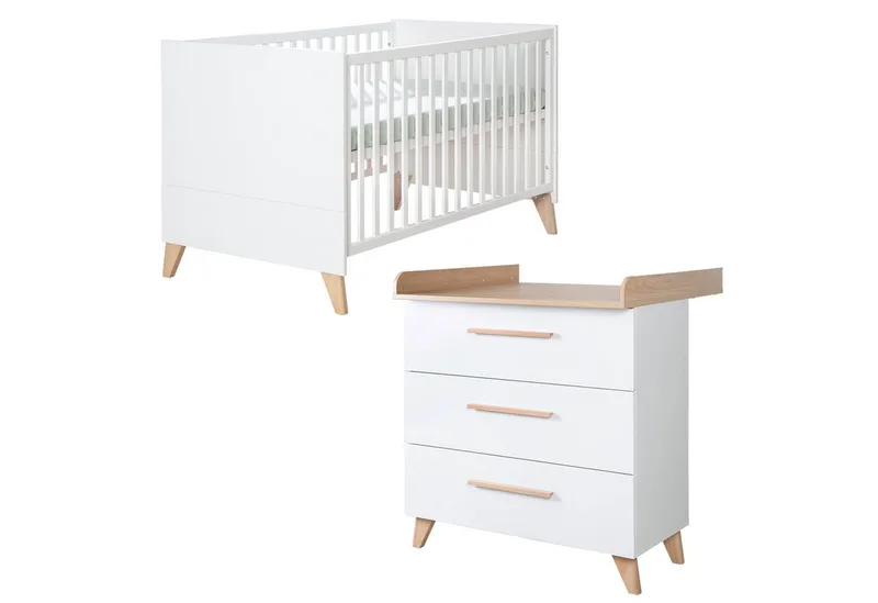 Babymöbel-Set Leon - aus Holz - in mit Dekor Othello Eiche, (2-teiliges Set, 2-tlg., Kinder- & Beistellbett 60 x 120 cm & Wickelkommode), Babybett als Beistellbett verwendbar - 6-fach höhenverstellbar van roba in Weiß – productfoto