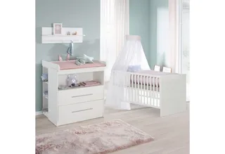 Babymöbel-Set Maren - klassisches Babyzimmer Set - Metallgriffe - aus Holz, (schmale Wickelkommode, Babybett 70 x 140 cm), Babyzimmer Set- mitwachsend, umbaubar- zeitlose, klassische Optik von roba in Weiß – Produktfoto 1 von 5