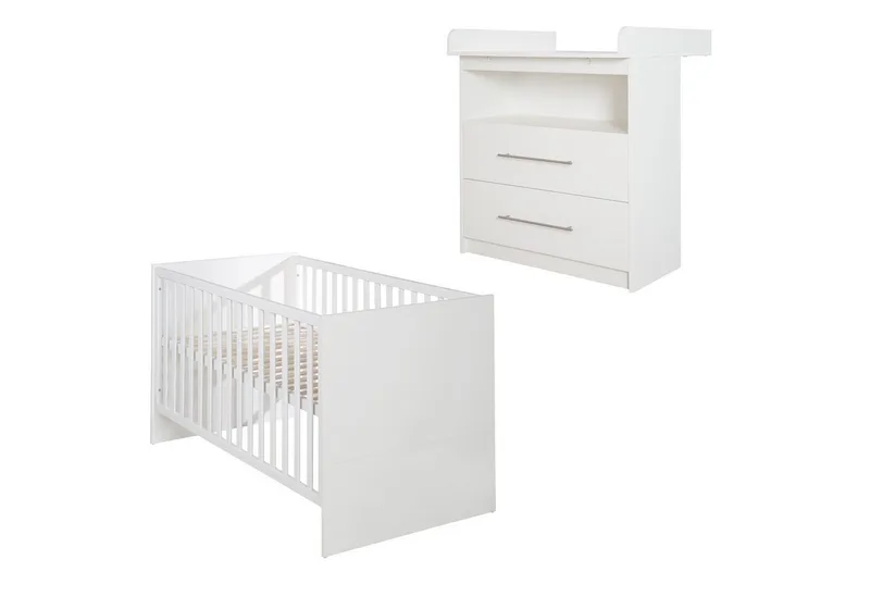 Babymöbel-Set Maren - klassisches Babyzimmer Set - Metallgriffe - aus Holz, (schmale Wickelkommode, Babybett 70 x 140 cm), Babyzimmer Set- mitwachsend, umbaubar- zeitlose, klassische Optik von roba in Weiß – Produktfoto 2 von 5