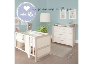 Babymöbel-Set Momo - Zimmer Set aus Holz - Cashmere / Tristan Eiche, (Set 2-tlg., Babybett 70 x 140 cm & Wickelkommode), Gitterbett mit Schlupfsprossen & höhenverstellbar - modern in von roba in Beige – Produktfoto 3 von 5