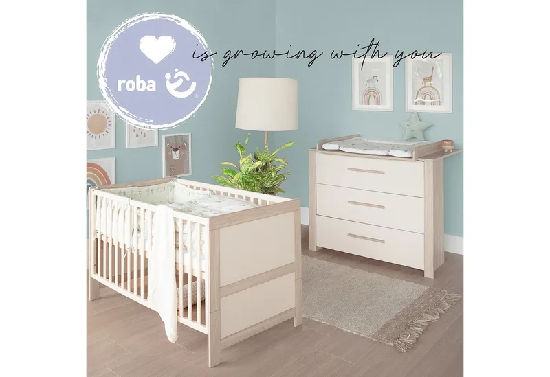 Babymöbel-Set Momo - Zimmer Set aus Holz - Cashmere / Tristan Eiche, (Set 2-tlg., Babybett 70 x 140 cm & Wickelkommode), Gitterbett mit Schlupfsprossen & höhenverstellbar - modern in von roba in Beige – Produktfoto 3 von 5