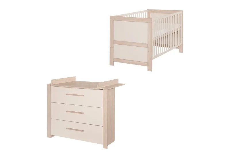 Babymöbel-Set Momo - Zimmer Set aus Holz - Cashmere / Tristan Eiche, (Set 2-tlg., Babybett 70 x 140 cm & Wickelkommode), Gitterbett mit Schlupfsprossen & höhenverstellbar - modern in von roba in Beige – Produktfoto 2 von 5