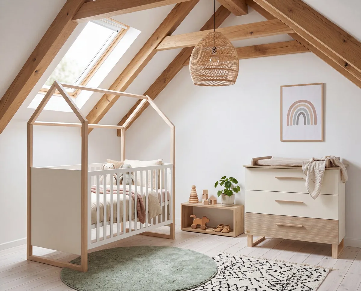 Babymöbel-Set Noah - moderney Kinderzimmer Set mit eleganten Füßen - aus Holz, (2-teiliges Set, Baby- & Beistellbett 60 x 120 cm Liegefläche, Wickelkommode), Füße und Griffe aus Massivholz - Scandi Design - Walnuss von roba in Weiß – Produktfoto