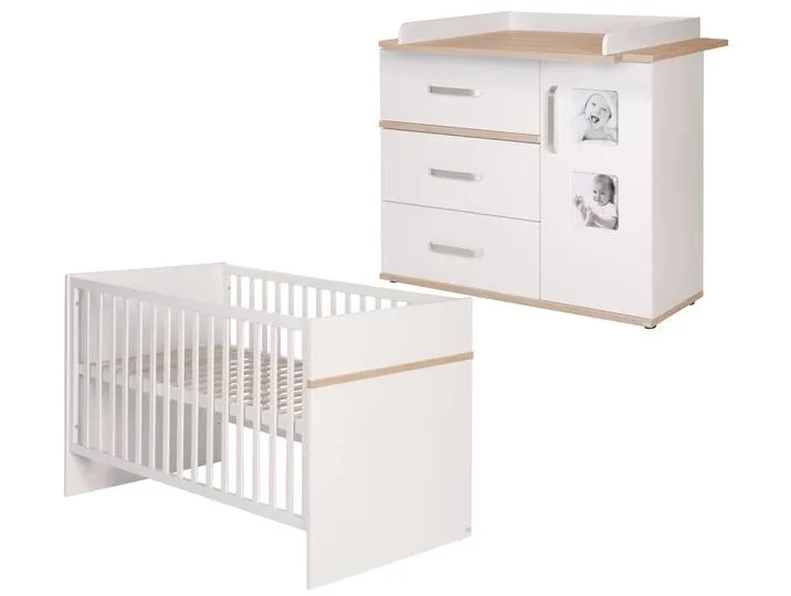 Babymöbel-Set 'Pia', 2-tlg, inkl. Kombi-Bett 70 x 140 cm & breiter Wickelkommode, Weiß / San Remo Eiche van roba – productfoto