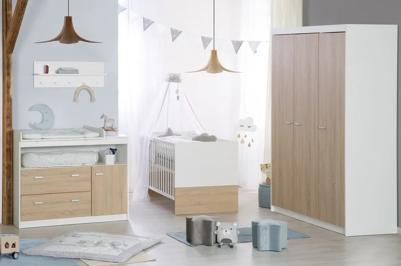 Babyzimmer-Komplettset Gabriella 3-teilig - Aus Holz - Bicolor - Weiß & Sonoma Eiche, (Set 3-teilig, mit breiter oder schmaler Wickelkommode), Gitterbett, Wickelkommode & Kleiderschrank 3-türig by roba – product photo