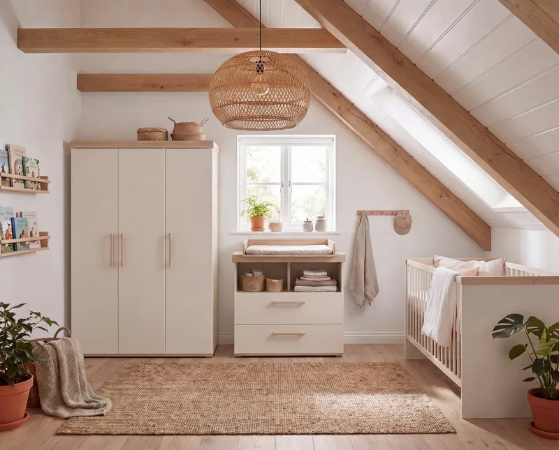 Babyzimmer-Komplettset Jimmy - 3-teiliges Komplettzimmer - MADE IN EUROPE, (Set, Babybett 70 x 140 cm, Wickelkommode Schublade & Fach, Kleiderschrank), aus Holz - Klassisches Design - moderne Farben - Kinderzimmer Set by roba in Beige – product photo