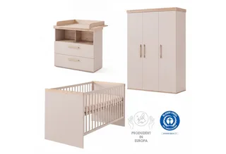 Babyzimmer-Komplettset Jimmy - 3-teiliges Komplettzimmer - MADE IN EUROPE, (Set, Babybett 70 x 140 cm, Wickelkommode Schublade & Fach, Kleiderschrank), aus Holz - Klassisches Design - moderne Farben - Kinderzimmer Set von roba in Beige – Produktfoto 2 von 5