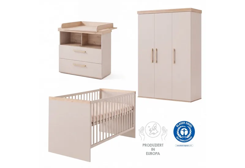 Babyzimmer-Komplettset Jimmy - 3-teiliges Komplettzimmer - MADE IN EUROPE, (Set, Babybett 70 x 140 cm, Wickelkommode Schublade & Fach, Kleiderschrank), aus Holz - Klassisches Design - moderne Farben - Kinderzimmer Set von roba in Beige – Produktfoto 2 von 5