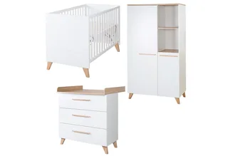 Babyzimmer-Komplettset Leon 3-teilig - praktisches & modernes Design, (3-teiliges Set, Babybett / Beistellbett 60 x 120 cm, Wickelkommode, Kleiderschrank), Skandinavisches Design - Massivholz Griffe & Füße - Othello Eiche by roba in White – product photo 2 of 3