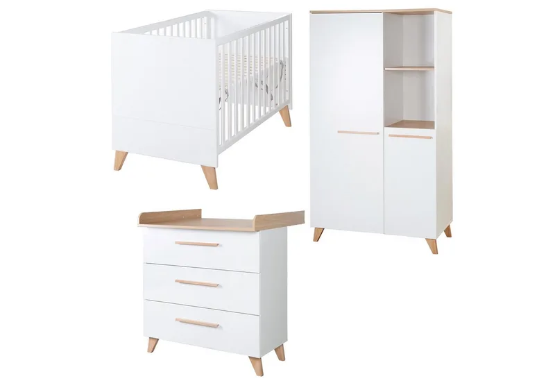 Babyzimmer-Komplettset Leon 3-teilig - praktisches & modernes Design, (3-teiliges Set, Babybett / Beistellbett 60 x 120 cm, Wickelkommode, Kleiderschrank), Skandinavisches Design - Massivholz Griffe & Füße - Othello Eiche by roba in White – product photo 2 of 3