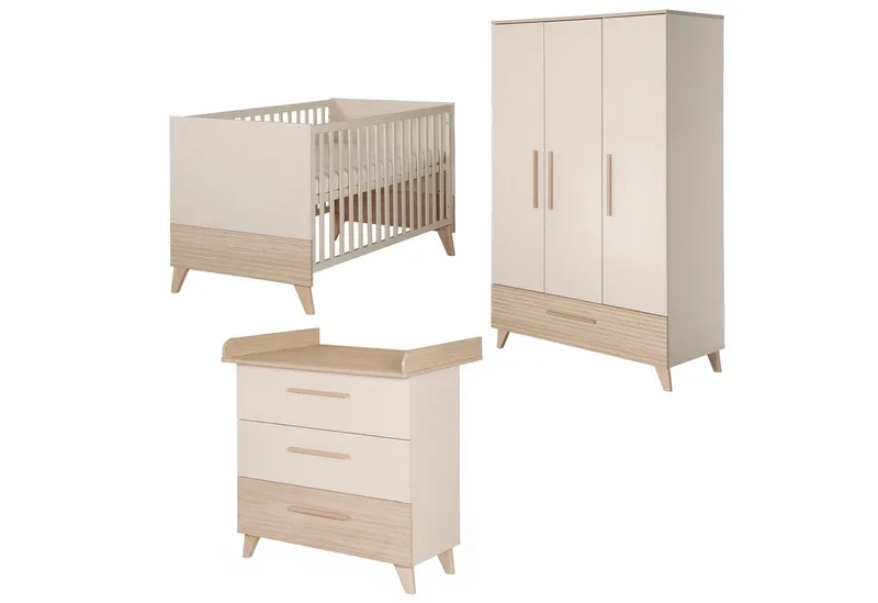 Babyzimmer-Komplettset Sidney - modernes Kinderzimmer in Cashmere & Eiche, (Komplett-Set, 3-tlg., Babybett 70 x 140 cm, Wickelkommode, Kleiderschrank), Griffe & Füße aus Massivholz - Mit hochwertigen Fräsungen im Holz by roba in Beige – product photo 2 of 3