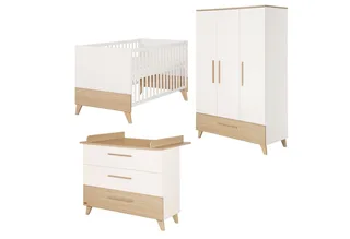 Babyzimmer-Komplettset Theo - modernes Kinderzimmer in und Ulme - Holz, (Komplett-Set, 3-tlg., Babybett 70 x 140 cm, Wickelkommode, Kleiderschrank), Griffe & Füße aus Massivholz - Mit hochwertigen Fräsungen im Holz von roba in Weiß – Produktfoto 2 von 5