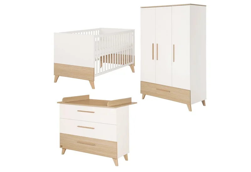Babyzimmer-Komplettset Theo - modernes Kinderzimmer in und Ulme - Holz, (Komplett-Set, 3-tlg., Babybett 70 x 140 cm, Wickelkommode, Kleiderschrank), Griffe & Füße aus Massivholz - Mit hochwertigen Fräsungen im Holz von roba in Weiß – Produktfoto 2 von 5