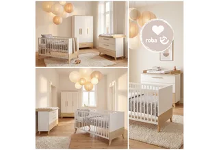 Babyzimmer-Komplettset Theo - modernes Kinderzimmer in und Ulme - Holz, (Komplett-Set, 3-tlg., Babybett 70 x 140 cm, Wickelkommode, Kleiderschrank), Griffe & Füße aus Massivholz - Mit hochwertigen Fräsungen im Holz von roba in Weiß – Produktfoto 3 von 5