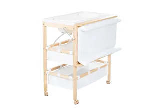 Bade- und Wickelkombination Baby Pool, klappbarer Tisch mit Wanne, Holz natur, Wickelauflage weiß von roba – Produktfoto 1 von 5