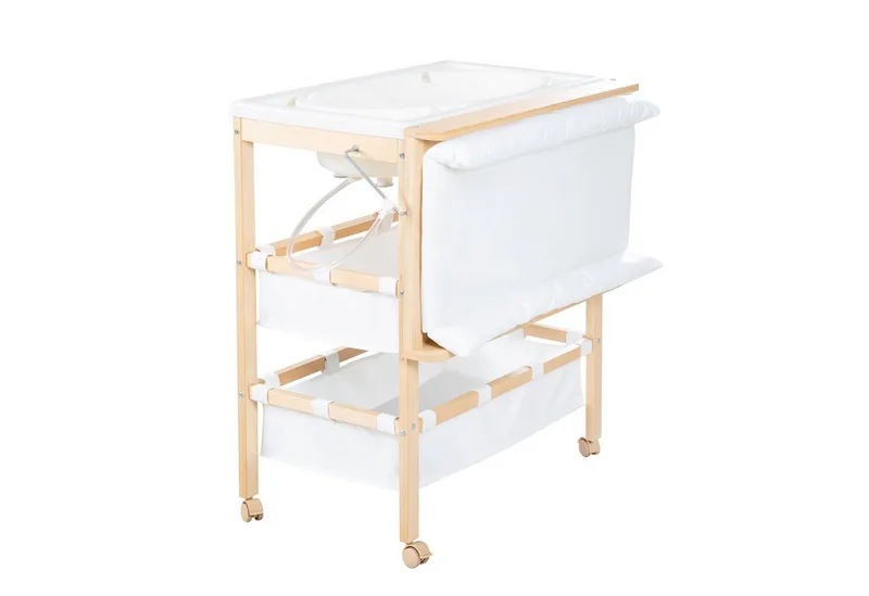 Bade- und Wickelkombination Baby Pool, klappbarer Tisch mit Wanne, Holz natur, Wickelauflage weiß by roba – product photo