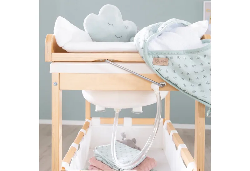 Bade- und Wickelkombination Baby Pool, klappbarer Tisch mit Wanne, Holz natur, Wickelauflage weiß von roba – Produktfoto 4 von 5