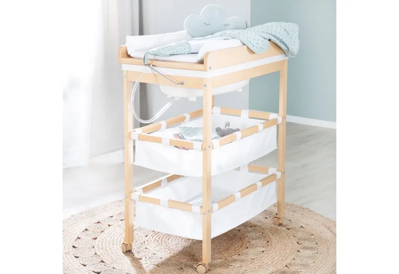 Bade- und Wickelkombination Baby Pool, klappbarer Tisch mit Wanne, Holz natur, Wickelauflage weiß von roba – Produktfoto 2 von 5