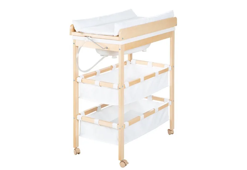 Bade- und Wickelkombination Baby Pool, klappbarer Tisch mit Wanne, Holz natur, Wickelauflage weiß von roba – Produktfoto 3 von 5