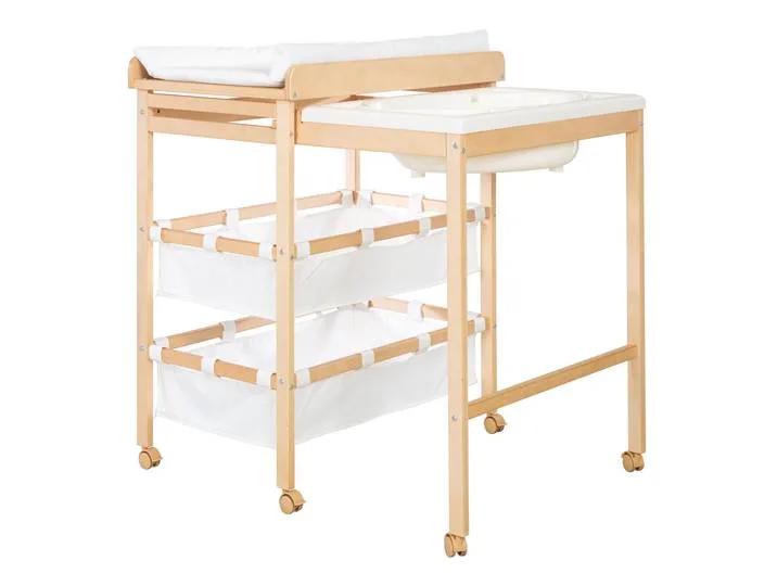 Bade-Wickel-Kombi 'Baby Pool', ausziehbar Tisch mit Badewanne, Holz natur, Auflage weiß fra roba – produktbillede