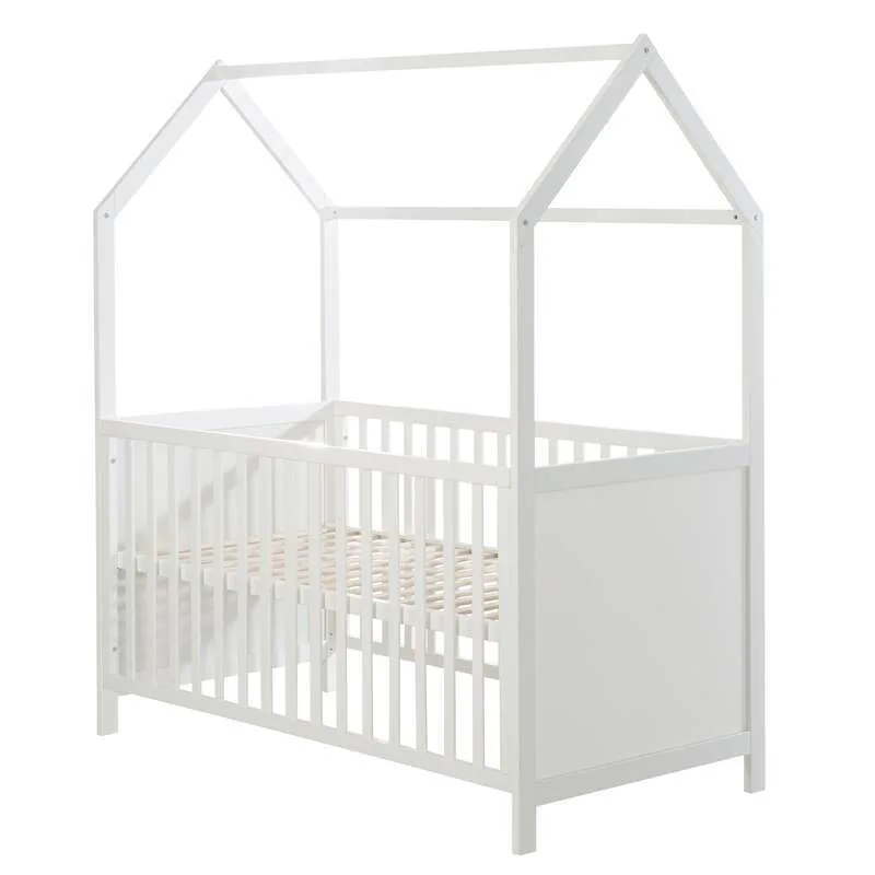 Hausbett 70 x 140 cm - FSC® zertifiziert - Babybett in Hausoptik - Höhenverstellbar - Umbaubar zum Juniorbett - Holz weiß von roba – Produktfoto