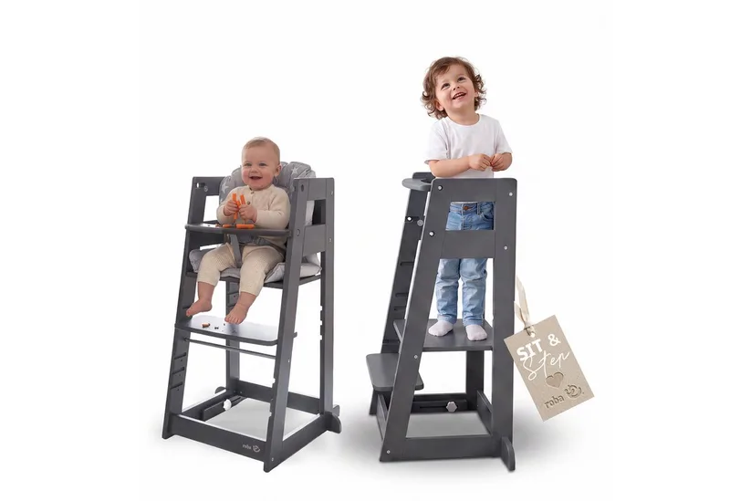 Hochstuhl & Lernturm "2 in 1 Sit & Step" - Aus Holz - Montessori, mit Kippschutz von roba in Grau – Produktfoto 1 von 5