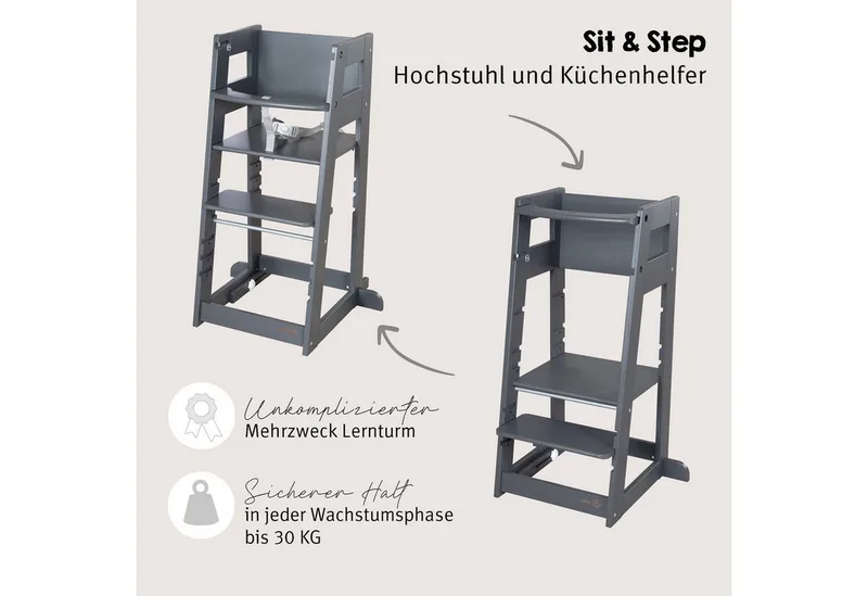 Hochstuhl & Lernturm "2 in 1 Sit & Step" - Aus Holz - Montessori, mit Kippschutz von roba in Grau – Produktfoto 2 von 5
