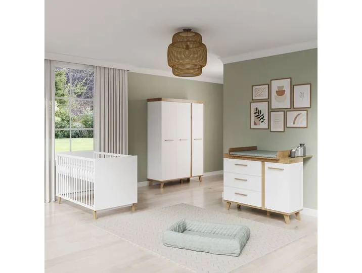 Kinderzimmer 3-teilig 'Smile' - Kombi-Bett + Wickelkommode + Kleiderschrank - Artisan Eiche / Weiß de roba – photo produit