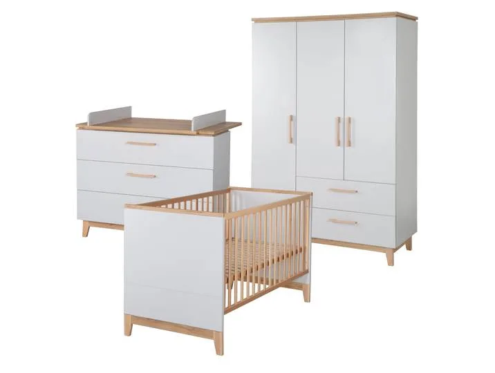 Kinderzimmerset 'Caro', inkl. Kombi-Bett 70 x 140 cm, Wickelkommode & 3-türigem Schrank, Lichtgrau/Goldeiche von roba – Produktfoto