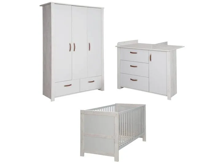 Kinderzimmerset 'Mila', inkl. Kombi-Bett 70 x 140 cm, Wickelkommode & 3-türigem Schrank, grau/weiß von roba – Produktfoto