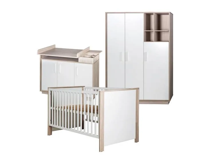 Kinderzimmerset 'Olaf' inkl. Kombi-Bett 70 x 140 cm, Wickelkommode & 3-türigem Schrank, Luna Elm/weiß von roba – Produktfoto