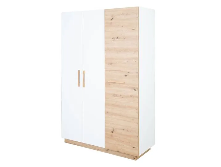 Kleiderschrank 'Lion' 3-türig - Weiß / Holzdekor 'Artisan Eiche' - Griffe aus massiver Eiche de roba – photo produit