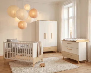 Kleiderschrank Theo - moderner Kleiderschrank aus Holz mit 3 Türen und 1 Schublade Griffe & Füße aus Massivholz - Soft-Close Türen - Ulme från roba i Vit – produktbild 3 av 5