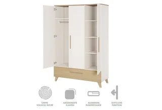 Kleiderschrank Theo - moderner Kleiderschrank aus Holz mit 3 Türen und 1 Schublade Griffe & Füße aus Massivholz - Soft-Close Türen - Ulme från roba i Vit – produktbild 4 av 5