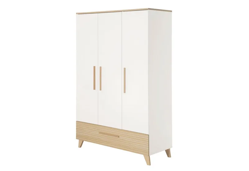 Kleiderschrank Theo - moderner Kleiderschrank aus Holz mit 3 Türen und 1 Schublade Griffe & Füße aus Massivholz - Soft-Close Türen - Ulme från roba i Vit – produktbild 1 av 5