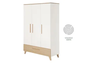 Kleiderschrank Theo - moderner Kleiderschrank aus Holz mit 3 Türen und 1 Schublade Griffe & Füße aus Massivholz - Soft-Close Türen - Ulme från roba i Vit – produktbild 5 av 5