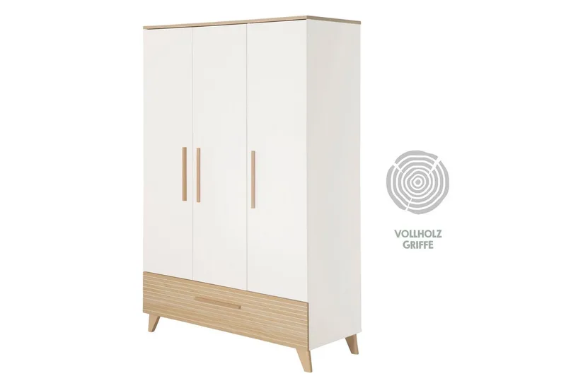 Kleiderschrank Theo - moderner Kleiderschrank aus Holz mit 3 Türen und 1 Schublade Griffe & Füße aus Massivholz - Soft-Close Türen - Ulme från roba i Vit – produktbild 5 av 5
