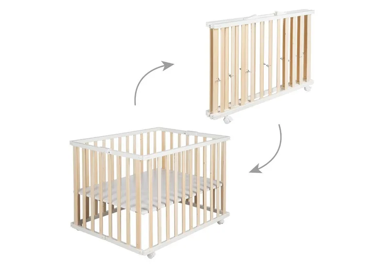 Laufgitter 75 x 100 cm - Klapplaufgitter - zusammenklappbar inkl. Rollen, Laufstall inkl. Schutzeinlage, höhenverstellbar, platzsparend fra roba i Beige – produktbillede