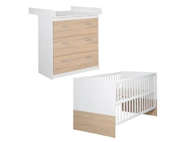 Möbelset 'Gabriella' 2-teilig - Bett 70x140 + Wickelkommode schmal - Weiß & Dekor Eiche de roba – photo produit