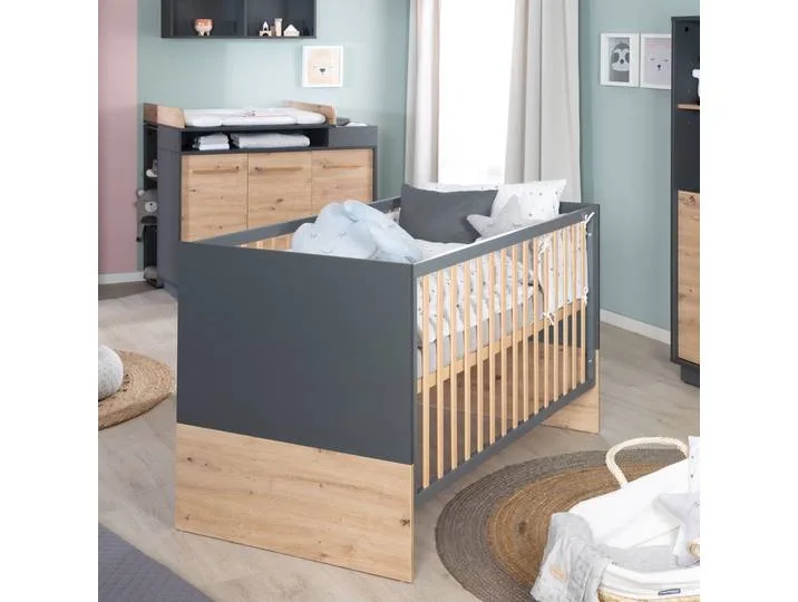 Möbelset 'Lenn' - Kombi-Kinderbett 70x140 + Wickelkommode - Anthrazit - Dekor 'Artisan Eiche' van roba – productfoto